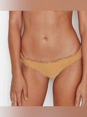 🆕 Victoria’s Secret Gold Shimmer Ruched Ruffled Cheeky Bikini Bottoms / S / NWT!